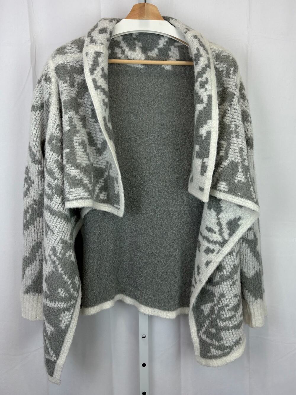 PRANA Alberta  EST S Reversible Sweater Open Front Draped Cardigan Gray White